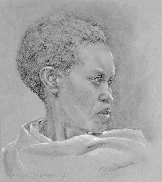 Woman with Wrap, graphite pencil drawing African DRC Rwanda South Sudan survivor